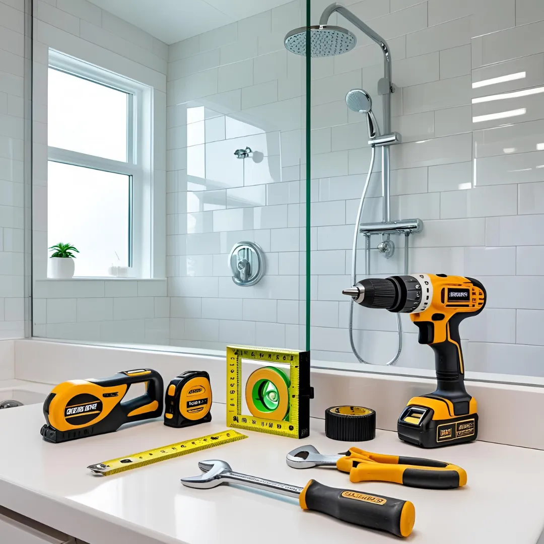 Duschinstallation Werkzeuge für DIY Badezimmer Renovation - Bohrmaschine, Wasserwaage und Sanitärwerkzeuge