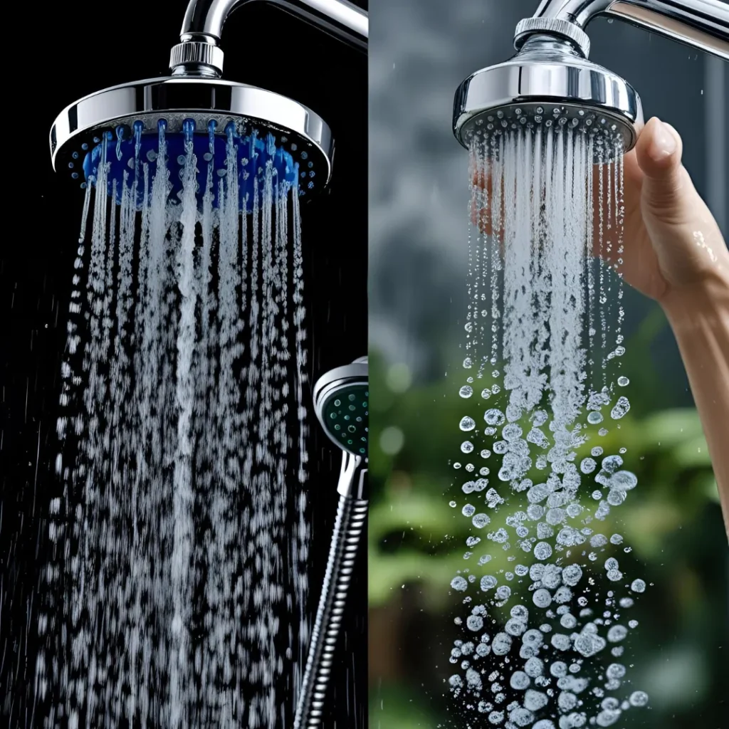 Vergleich zwischen herkömmlichem und wassersparendem Duschkopf zeigt Unterschiede im Wasserverbrauch