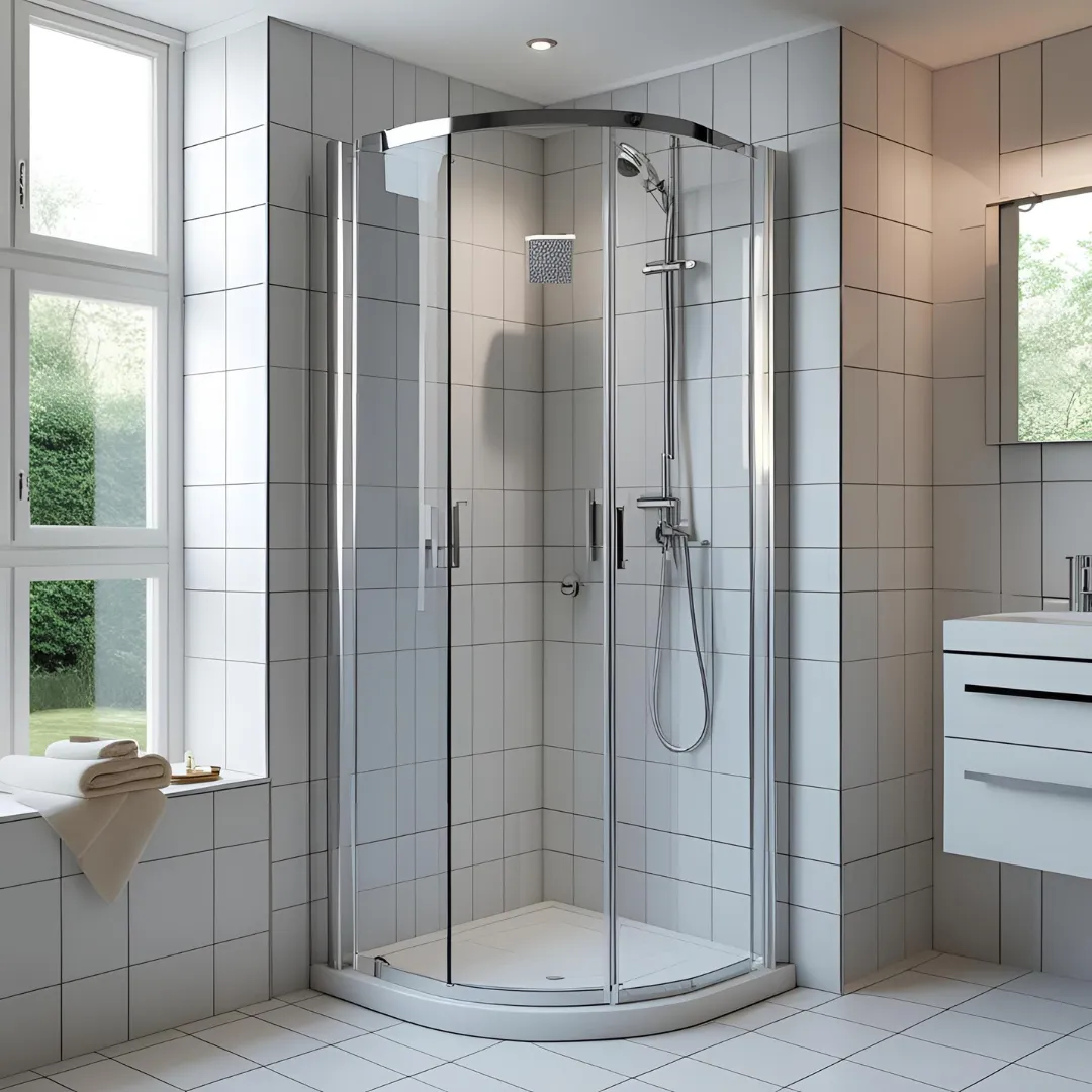 Kompaktdusche Eckeinbau kleines Bad - platzsparende Duschkabine mit Glastüren in modernem Badezimmer