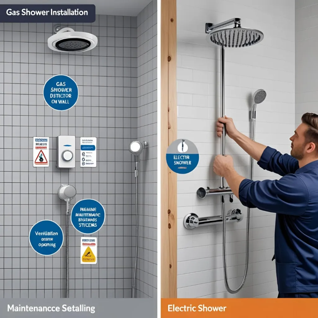 Sicherheitsvergleich Gas- und Elektroduschen mit Installationshinweisen und Sicherheitsfeatures im Badezimmer