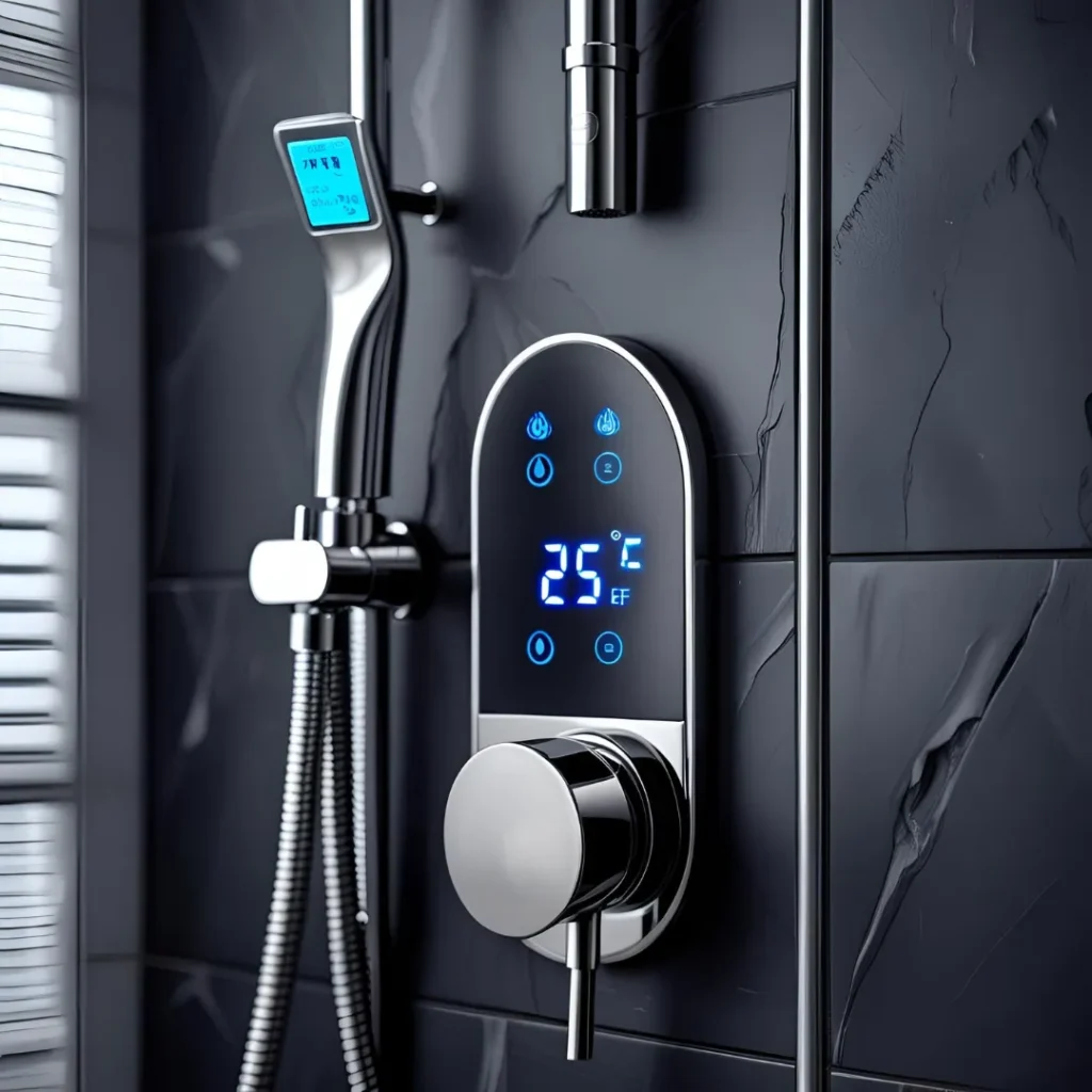 Digitale Thermostat-Duscharmatur mit Touch-Display und Temperaturanzeige in modernem Badezimme