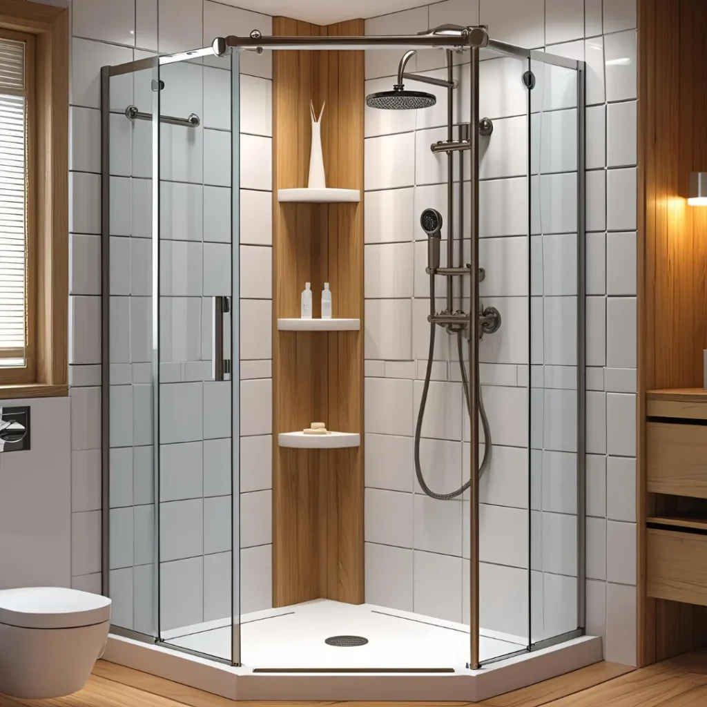 Moderne Eckdusche mit Schiebetüren und bodengleicher Duschwanne in kleinem Badezimmer