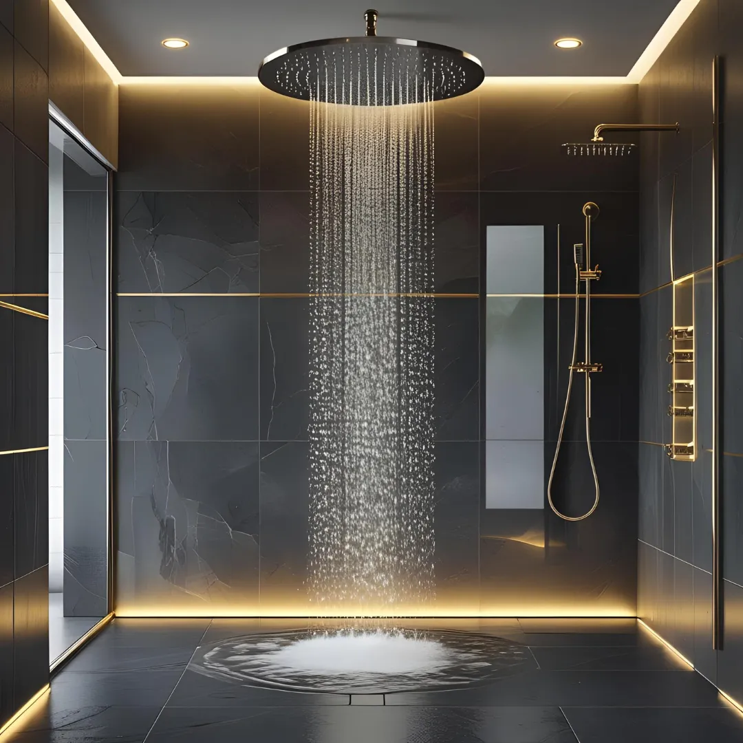 Moderne Regendusche mit minimalistischem Design in luxuriösem Badezimmer mit LED-Beleuchtung