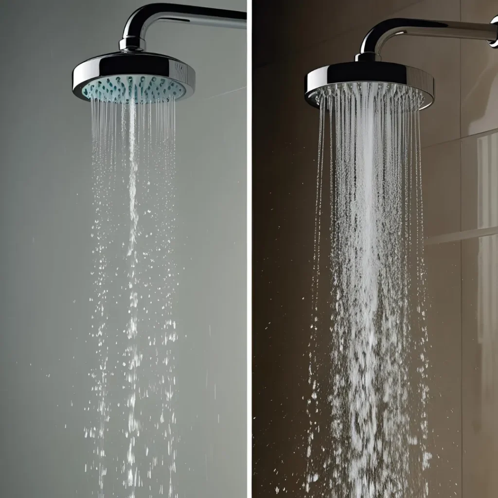 Vergleich schwacher Wasserdruck vs. Druckdusche - deutlicher Unterschied im Wasserstrahl