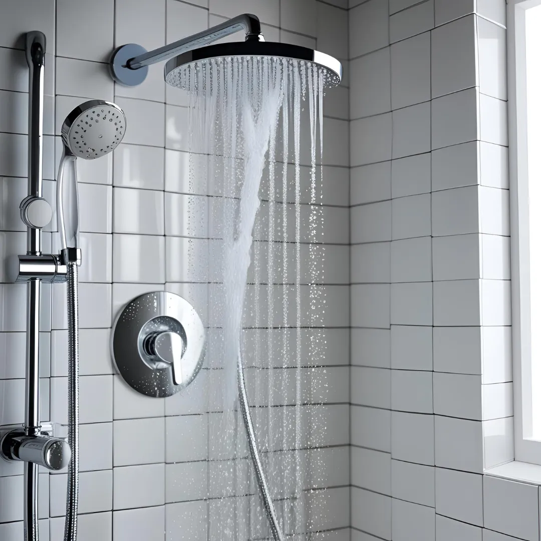 Starker Wasserdruck aus modernem Duschkopf mit kräftigem Wasserstrahl