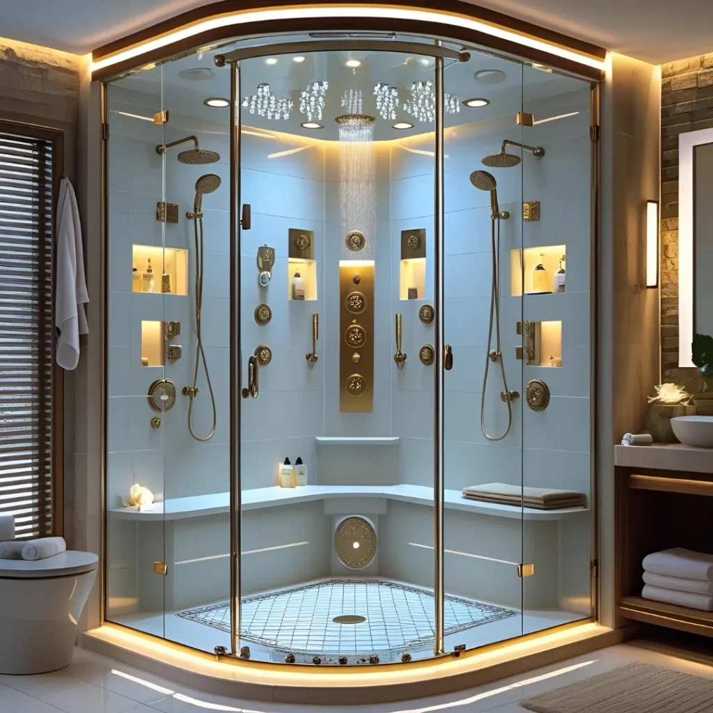 Luxuriöse Duschkabine mit mehreren Funktionen, integrierten Sitzen, LED-Beleuchtung und Dampfsystem