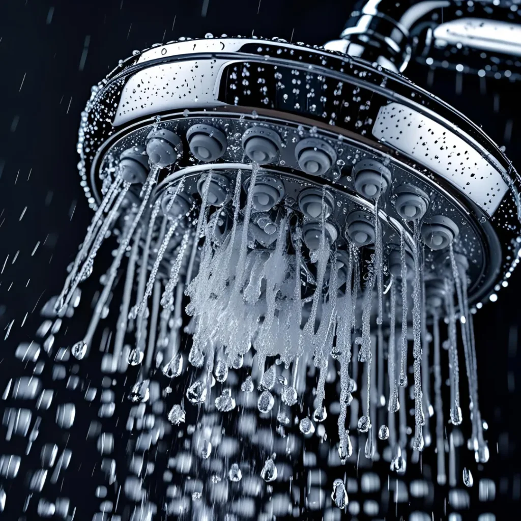 Premium-Dusche mit mehreren Wasserstrahlen im Betrieb, die unterschiedliche Sprühmuster zeigen