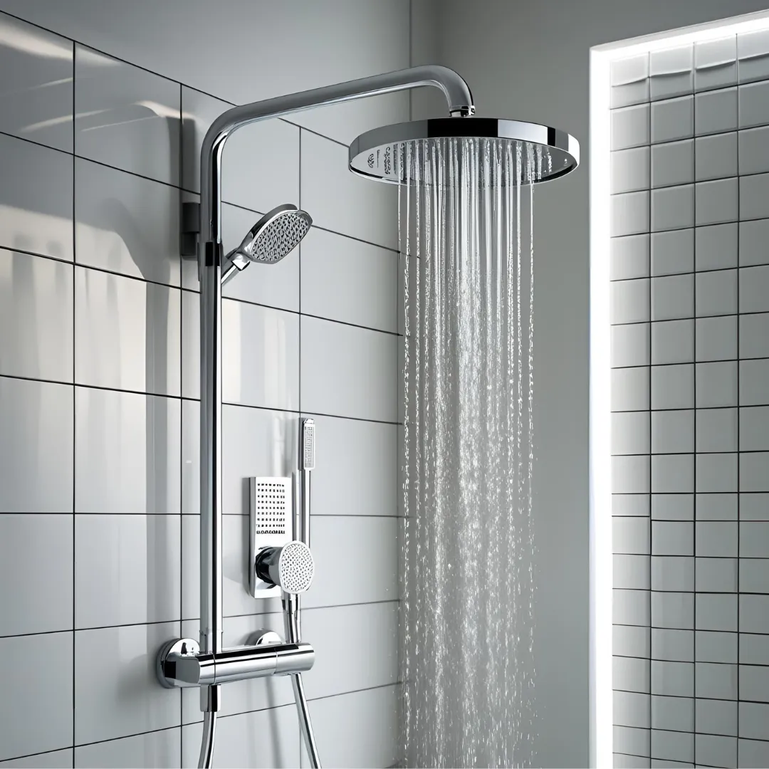 Moderne elektrische Dusche mit Chromoberfläche in deutschem Badezimmer - Leistung und Sicherheit