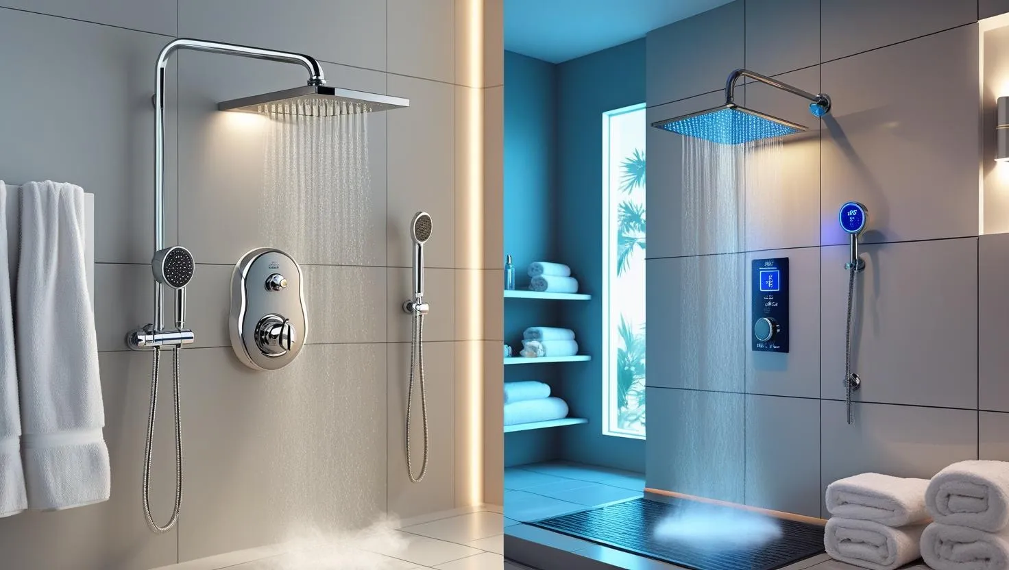 Modernes Badezimmer mit Gas- und Elektrodusche nebeneinander im direkten Vergleich, Temperaturanzeigen sichtbar