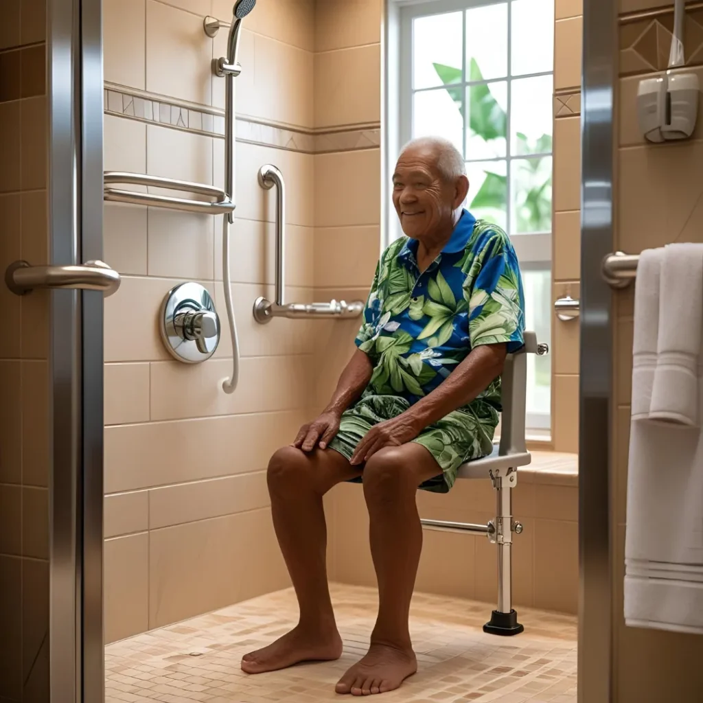 Senior nutzt sicher einen Duschklappsitz in barrierefreier Dusche
