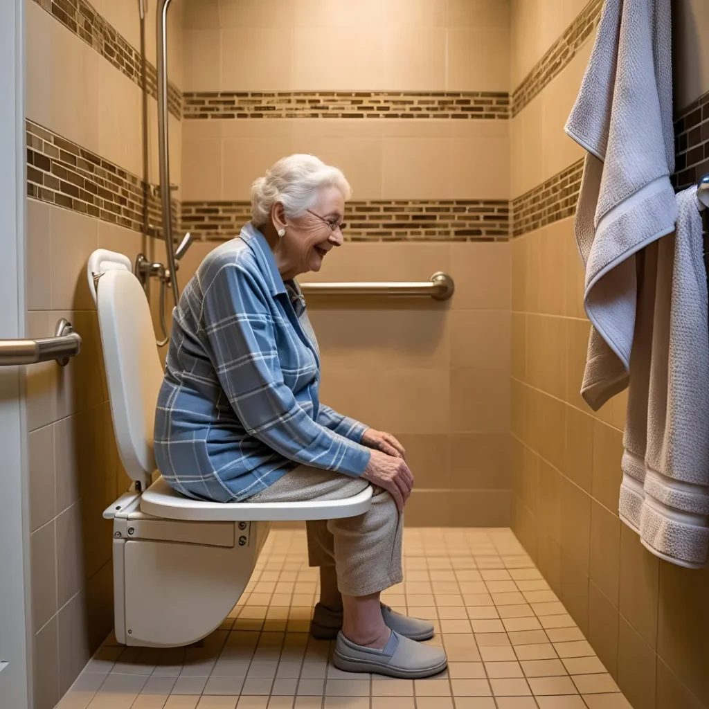 Seniorin nutzt sicher einen Duschklappsitz in barrierefreier Dusche mit Haltegriffen