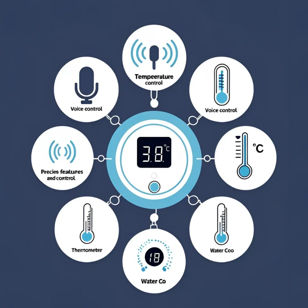 Smart Shower Funktionen Infografik mit Sprachsteuerung Temperaturkontrolle Wasserverbrauch und App-Steuerung für deutsche Haushalte