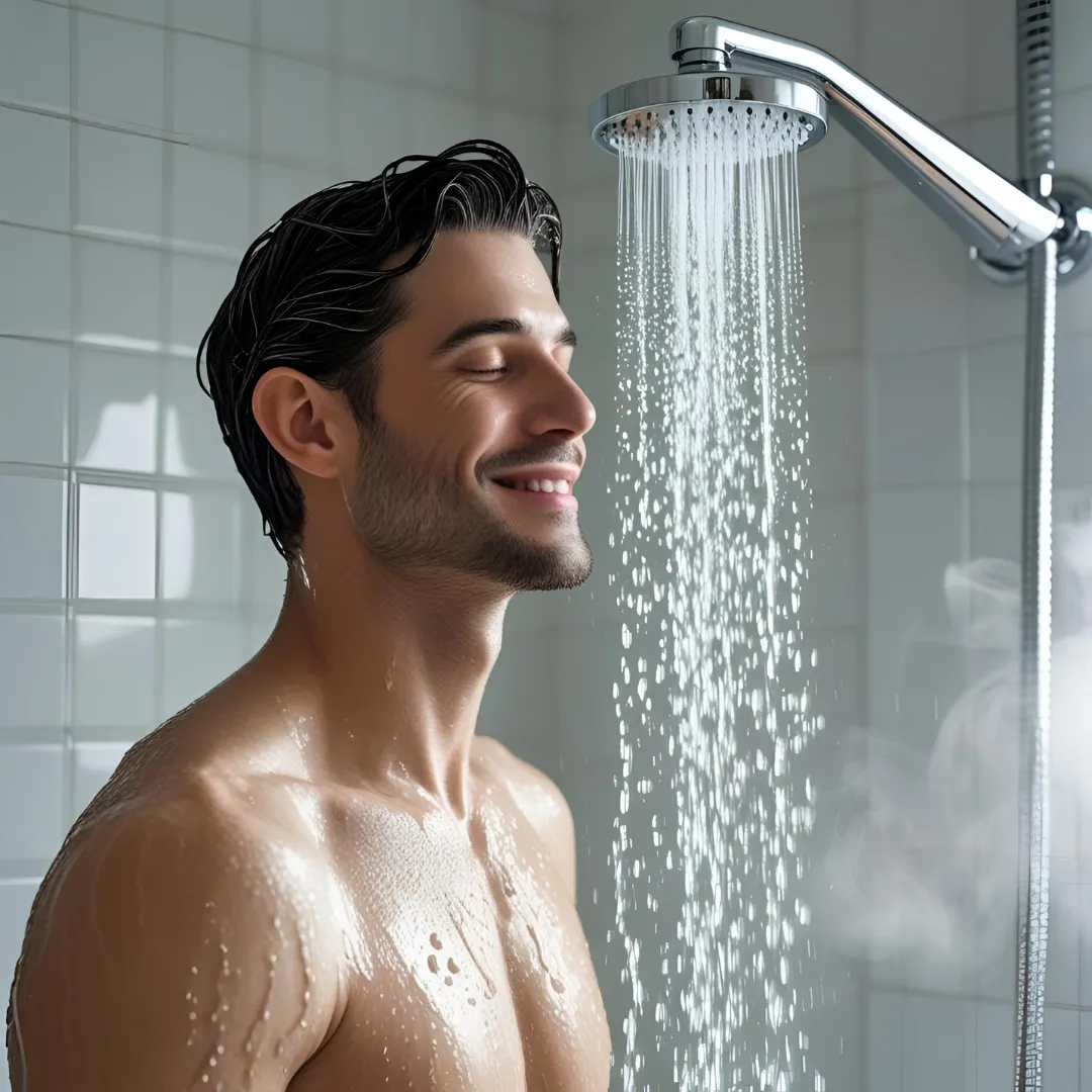 Duschfilter für reineres Wasser - Person genießt entspanntes Duschen mit gefiltertem Wasser