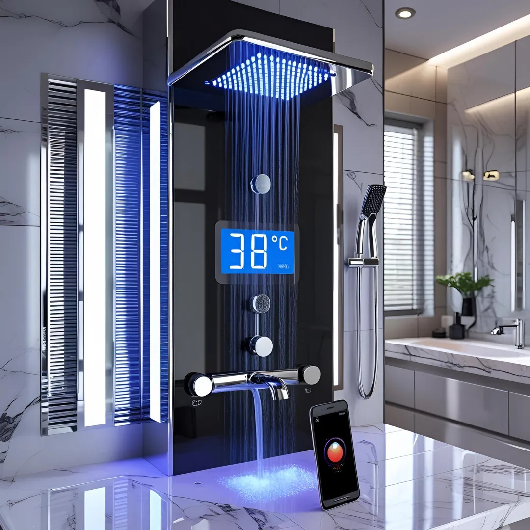Moderne Smart Shower mit digitalem Display und Smartphone-App-Steuerung in elegantem deutschen Badezimmer mit LED-Beleuchtung