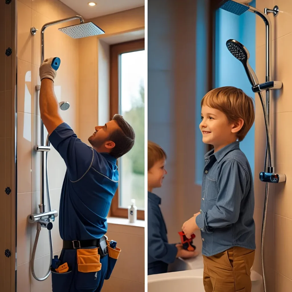 Familie nutzt Smart Shower sicher mit Kindern Installation in deutschem Badezimmer mit professioneller Montage und Sicherheitsfeatures