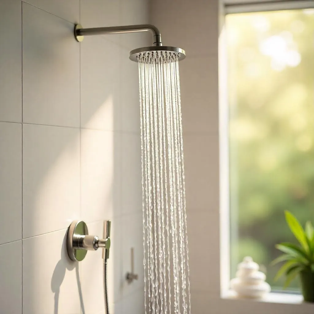 Moderner wassersparender Duschkopf mit effizientem Wasserstrahl in elegantem deutschem Badezimmer - Sparen Sie bis zu 40% Wasser